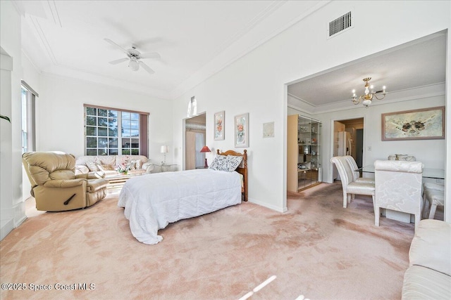 carpeted bedroom featuring crown molding and ceiling fan with notable chandelier