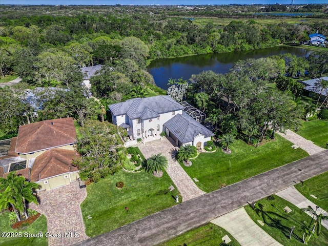 aerial view featuring a water view