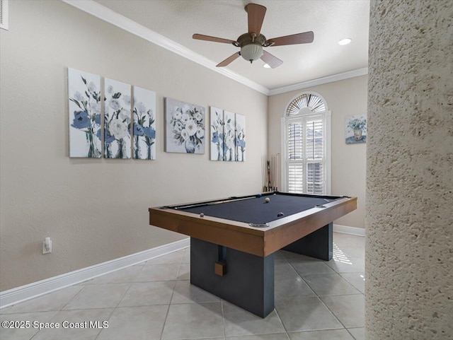 recreation room featuring ceiling fan, light tile patterned flooring, ornamental molding, and pool table