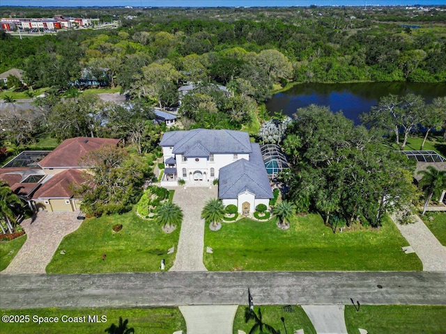 bird's eye view with a water view