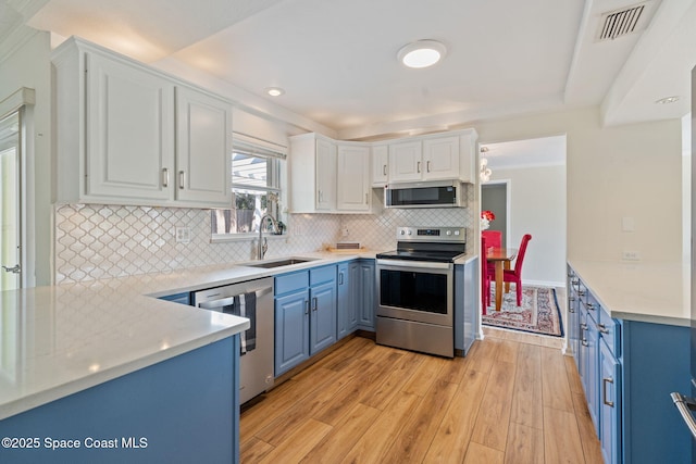 kitchen featuring appliances with stainless steel finishes, a sink, light wood-style floors, white cabinetry, and backsplash