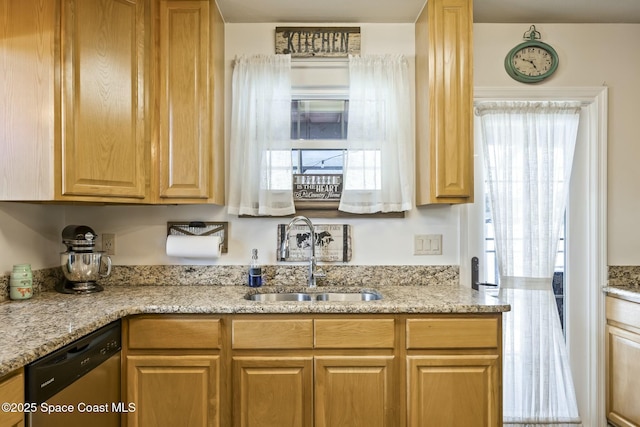 kitchen featuring light stone counters, sink, and stainless steel dishwasher