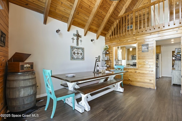 dining room featuring dark wood-type flooring, wooden ceiling, beamed ceiling, high vaulted ceiling, and wooden walls