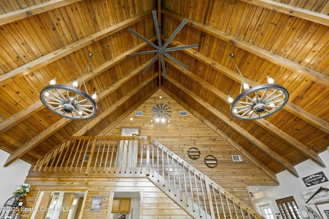 details featuring beamed ceiling, wooden ceiling, and an inviting chandelier