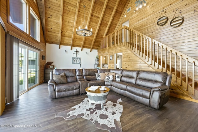 living room featuring beam ceiling, wood ceiling, dark wood-type flooring, and high vaulted ceiling