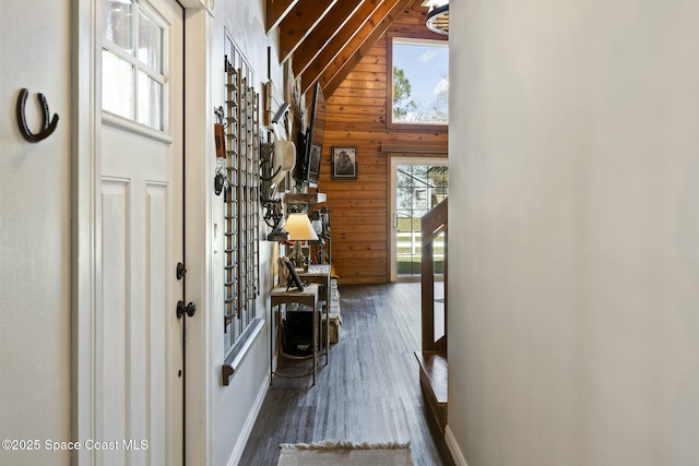 interior space with wood walls, dark wood-type flooring, and high vaulted ceiling