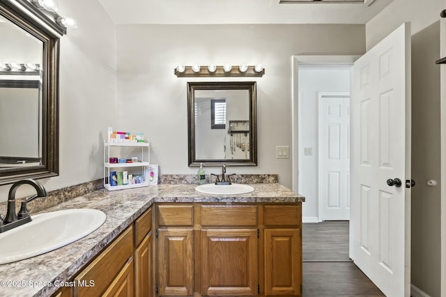 bathroom with wood-type flooring and vanity