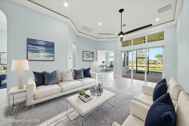 living room featuring ceiling fan