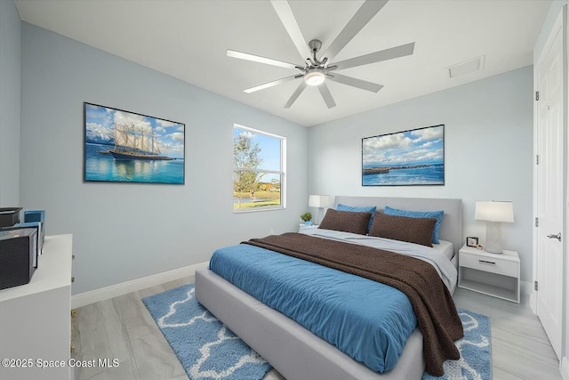 bedroom featuring ceiling fan and light wood-type flooring