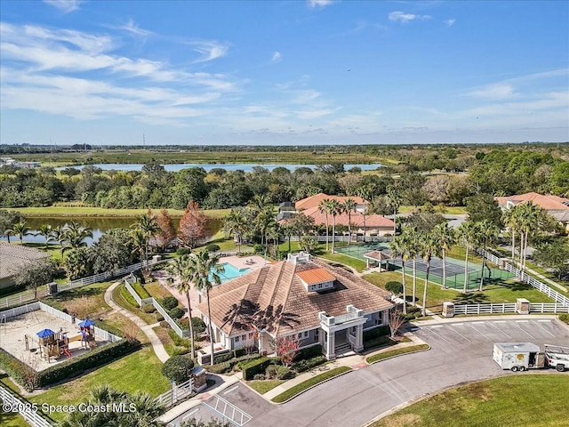 drone / aerial view featuring a water view