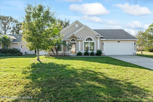 ranch-style home featuring a front lawn and a garage