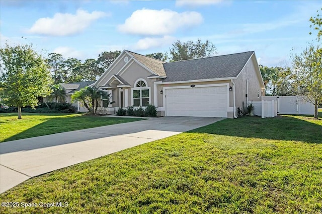 ranch-style home with a front lawn and a garage