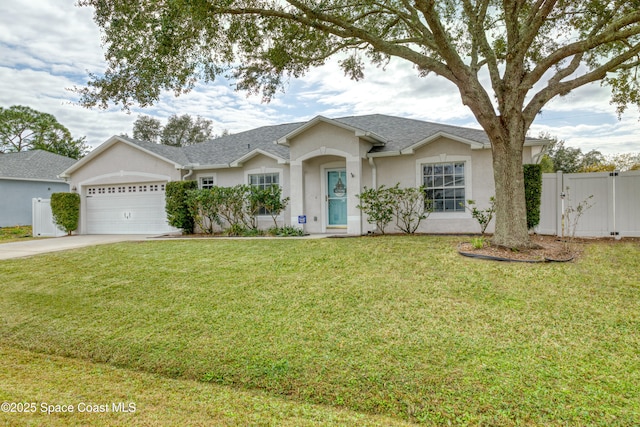 ranch-style house with a garage and a front lawn