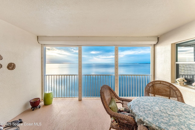 sunroom featuring a water view