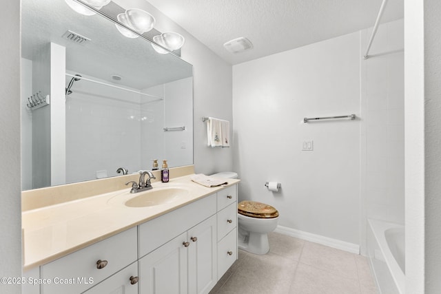 full bathroom with tile patterned flooring, toilet, vanity, shower / bath combination, and a textured ceiling