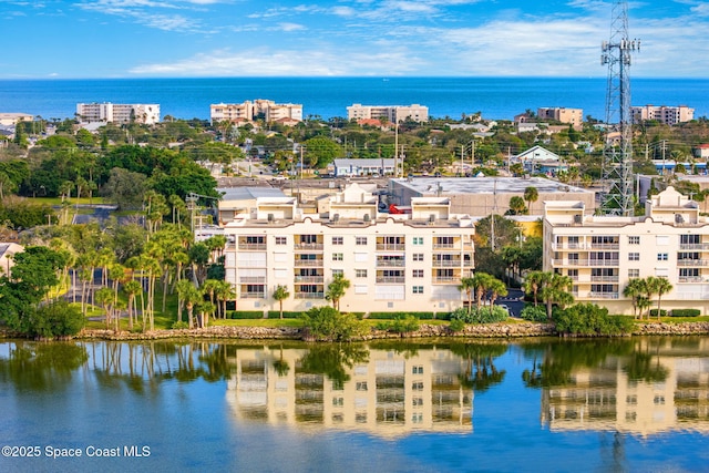 aerial view featuring a water view