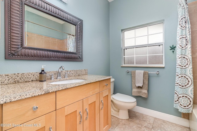 bathroom with toilet, tile patterned floors, walk in shower, and vanity