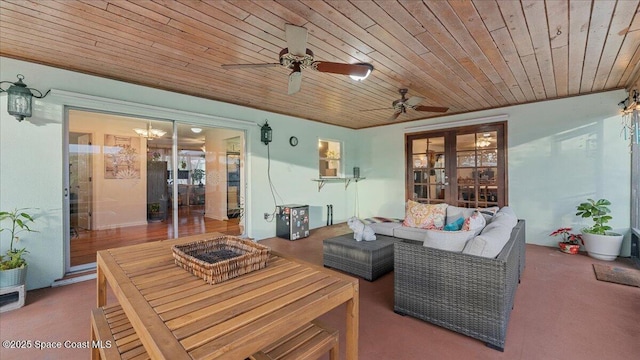 living room with wooden ceiling and ceiling fan