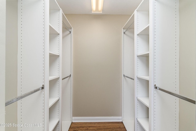 walk in closet with dark hardwood / wood-style floors