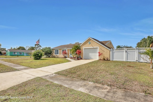 single story home with a front yard and a garage