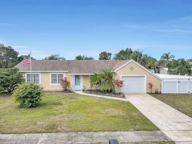 ranch-style house with a front lawn and a garage