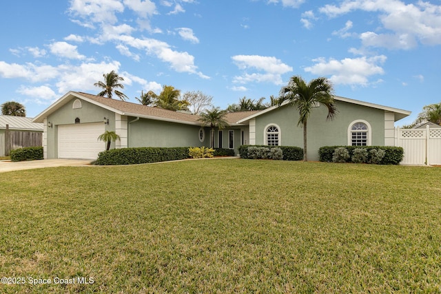 single story home featuring a front lawn and a garage