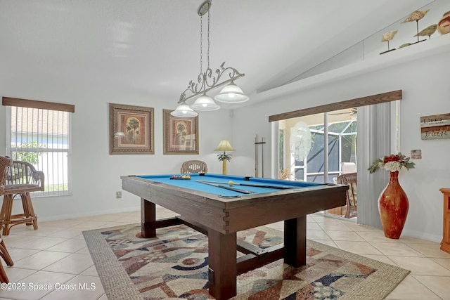 recreation room with light tile patterned floors, vaulted ceiling, and billiards