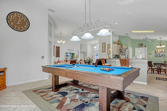 rec room featuring ceiling fan, light tile patterned floors, and billiards