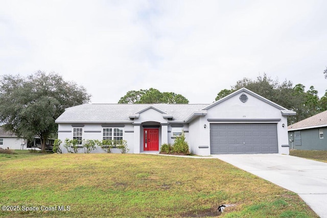 ranch-style home with a garage and a front yard