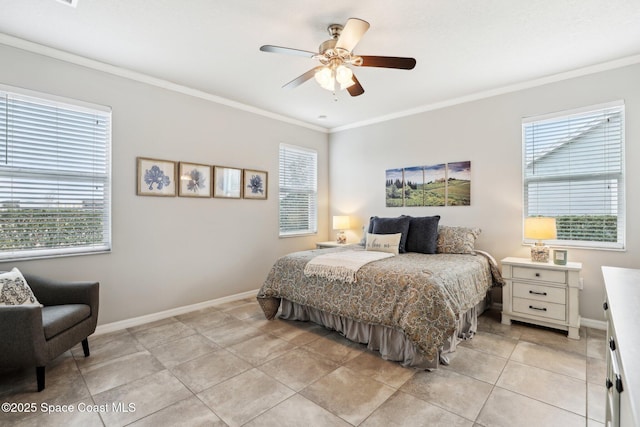 bedroom with ceiling fan, light tile patterned floors, ornamental molding, and multiple windows