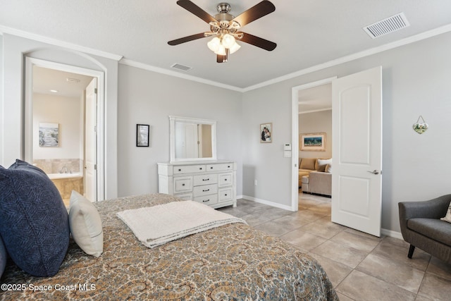 tiled bedroom featuring ensuite bathroom, ceiling fan, and ornamental molding