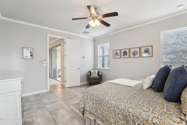 bedroom featuring ceiling fan, multiple windows, ornamental molding, and light tile patterned flooring