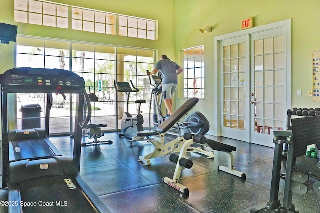 gym with french doors