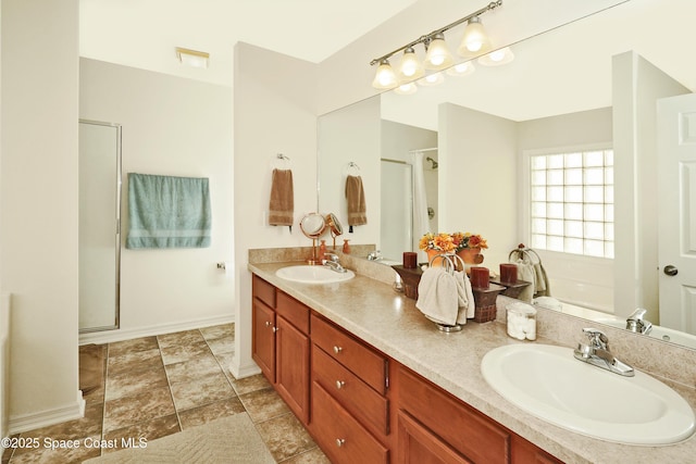 bathroom with plus walk in shower and vanity