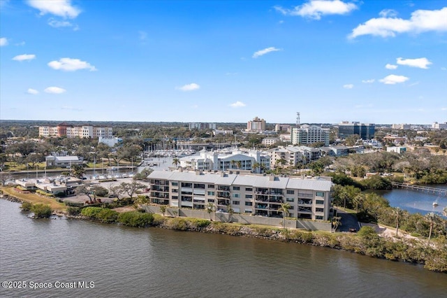 bird's eye view with a water view