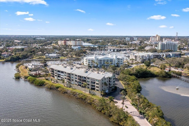 drone / aerial view featuring a water view