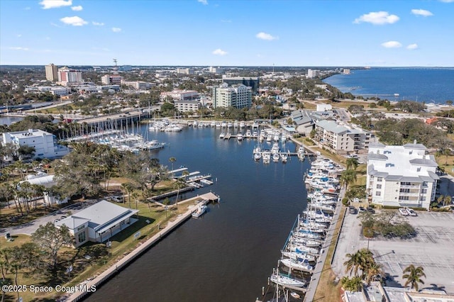 birds eye view of property with a water view