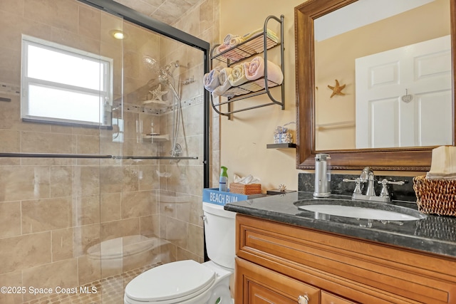 bathroom featuring a shower with door, vanity, and toilet