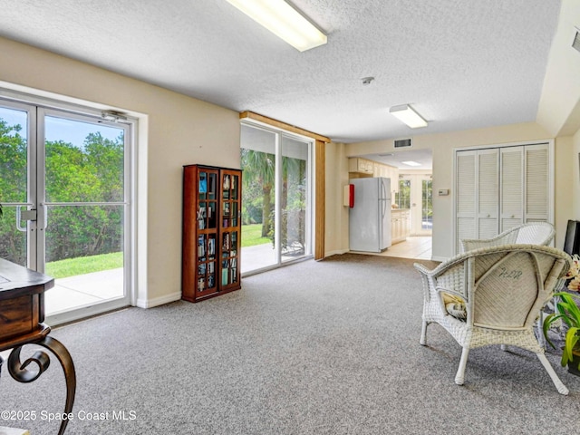 living area with light carpet and a textured ceiling