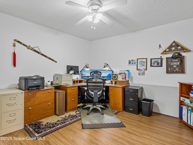 office area featuring a textured ceiling, light hardwood / wood-style flooring, and ceiling fan