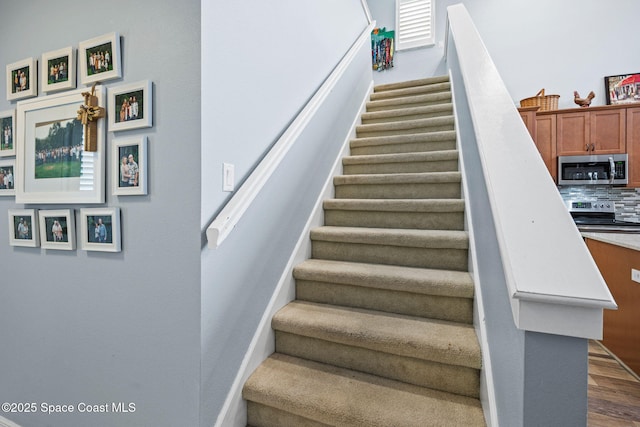 staircase with hardwood / wood-style floors