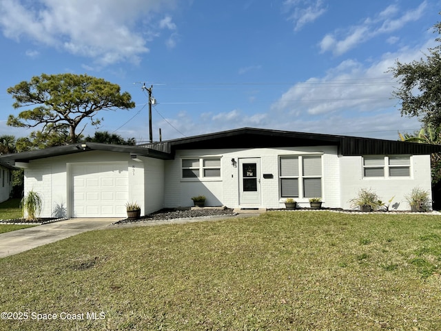 single story home featuring a front yard and a garage