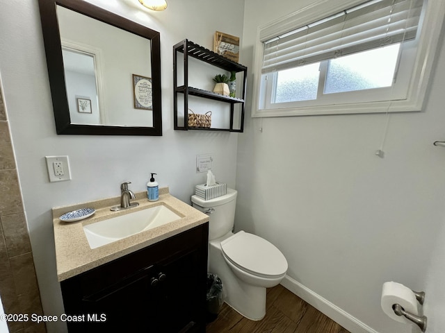 bathroom featuring vanity, hardwood / wood-style flooring, and toilet