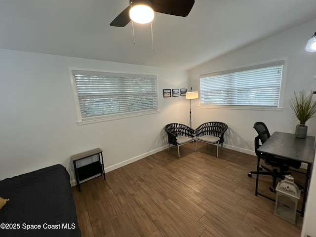 office area with wood-type flooring, ceiling fan, and lofted ceiling