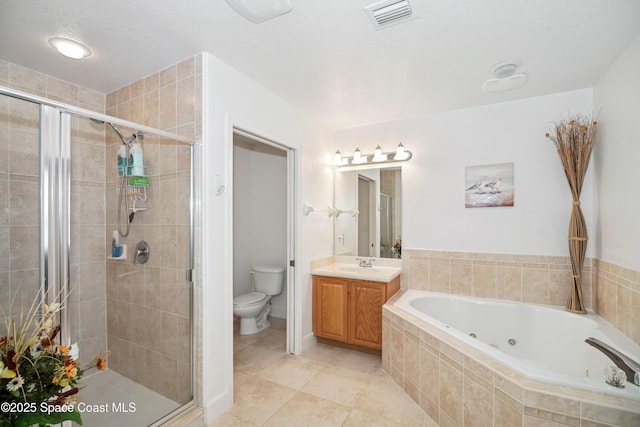 full bathroom featuring vanity, toilet, separate shower and tub, and tile patterned flooring