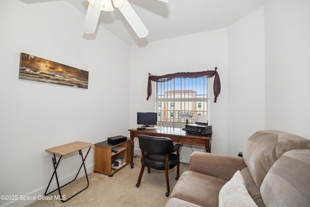 office space with ceiling fan and light colored carpet