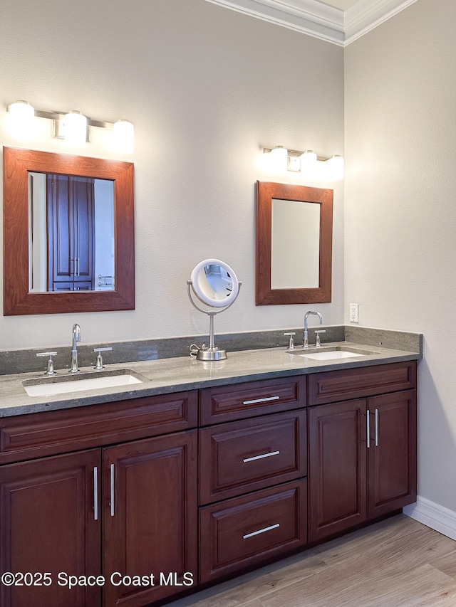 bathroom with vanity, wood-type flooring, and ornamental molding