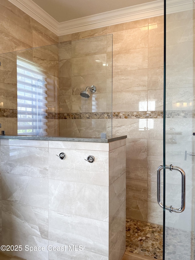 bathroom featuring crown molding and walk in shower