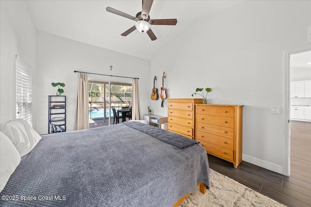 bedroom featuring access to outside, vaulted ceiling, ceiling fan, and dark wood-type flooring