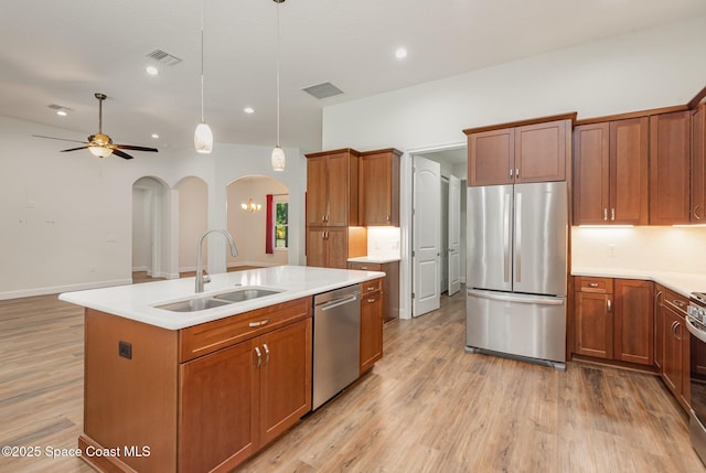 kitchen with stainless steel appliances, ceiling fan, sink, pendant lighting, and an island with sink